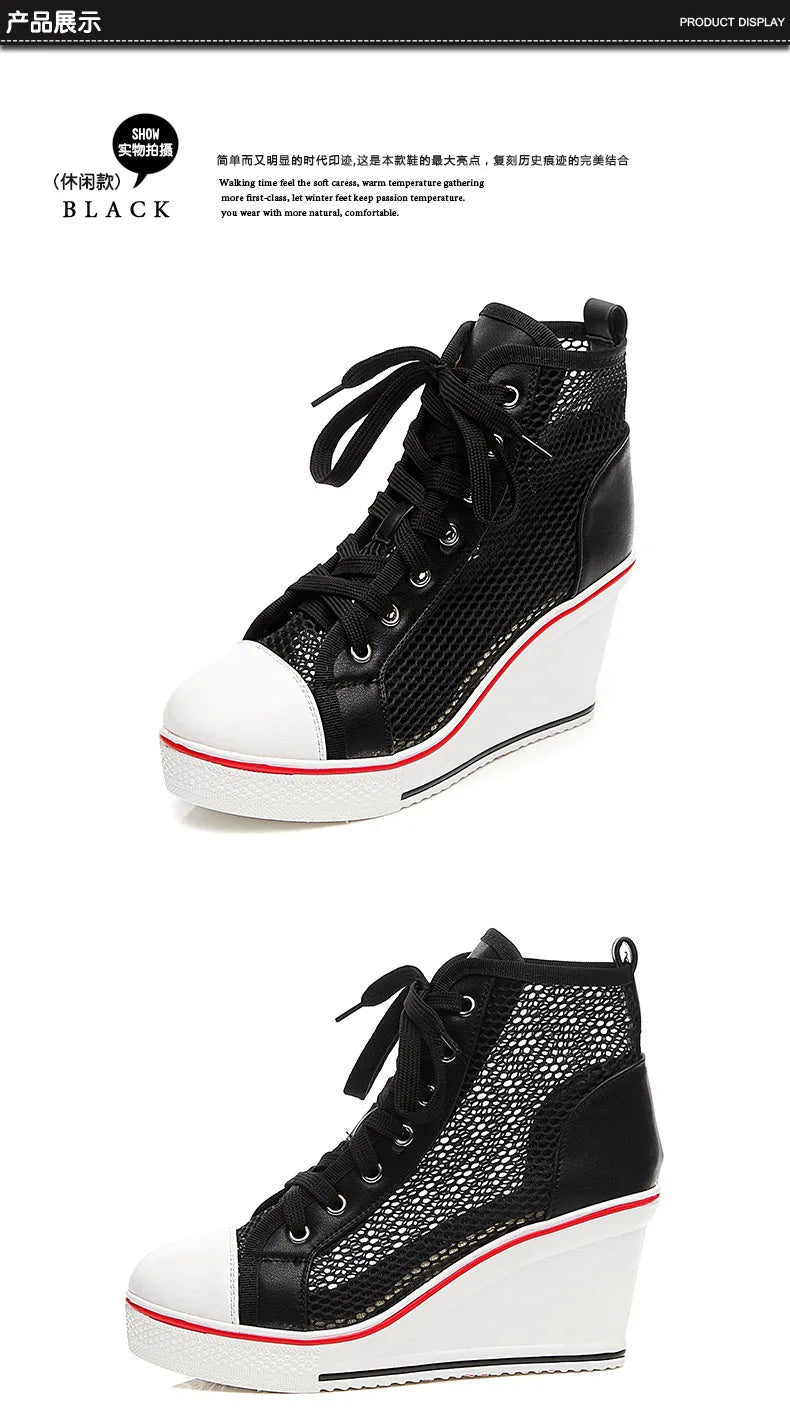 2025  Wedge Heel 8cm Height Increasing Net Shoes Thick Bottom Sandals Women's Casual Lace-up Shoes High-top Hollow Women's Shoes Good Vibrations