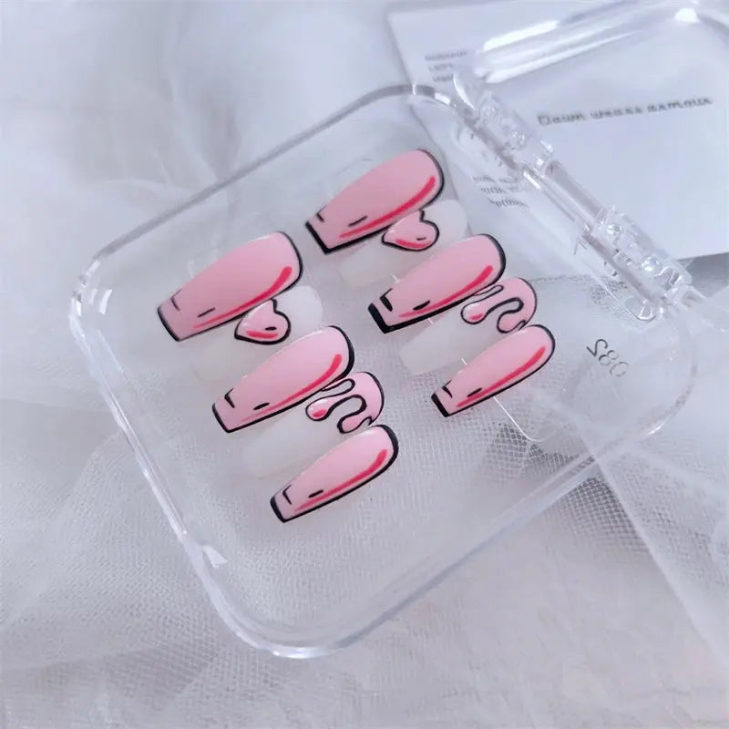 Handmade Cute Press on Nails 3D Comic Fake Nails Dreamy Pink Hearts Acrylic False Nails Full Cover Finger Tips Kit Nail Art Girl Good Vibrations