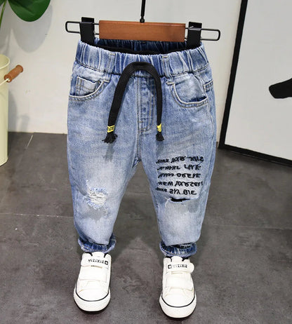 Boys Jeans Fashion Hole New Children Straight Cylinder Casual Jeans Spring Autumn Korean Style Elastic Waist Kids 3-8Ys Trousers Good Vibrations