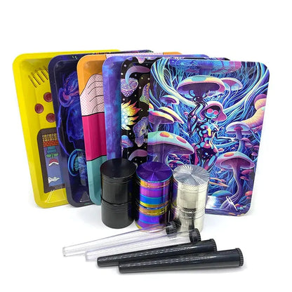 Metal Herb Grinder set with colorful rolling trays, smell-proof storage tubes, and crushers.