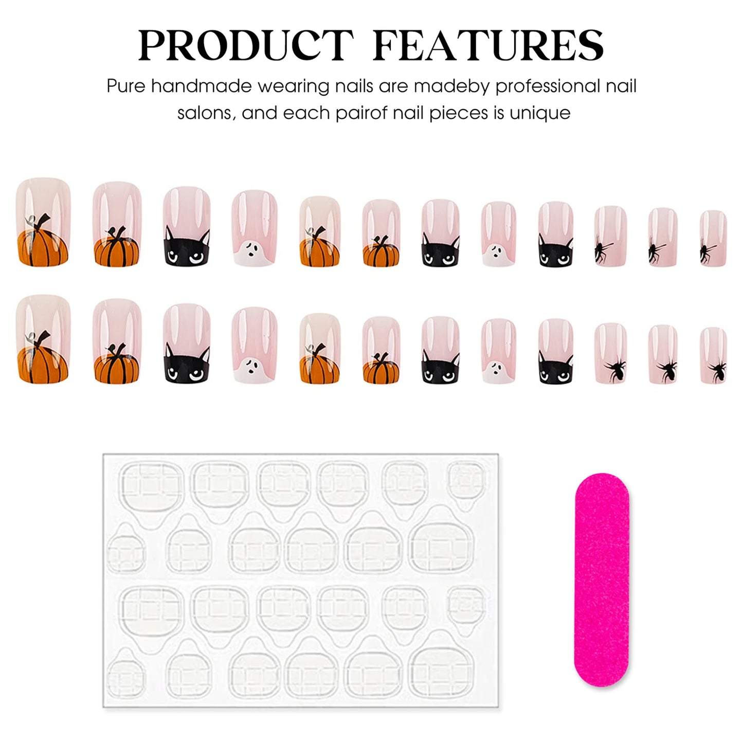 24pcs Halloween Cute Cartoon French Fake Nails Nude Pink Square Press On Nails With Pumpkin Ghost Designs Professional Nail Art Good Vibrations
