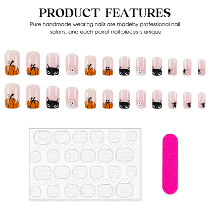 24pcs Halloween Cute Cartoon French Fake Nails Nude Pink Square Press On Nails With Pumpkin Ghost Designs Professional Nail Art Good Vibrations