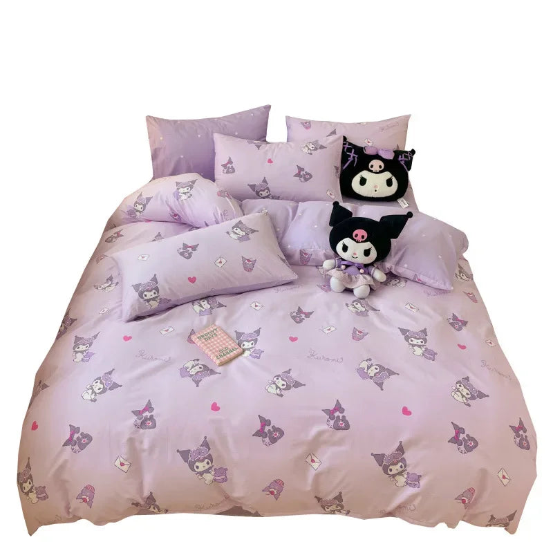 Sanrio 100% Cotton Bedding Set Cute Hello Kitty Kuromi Melody King Queen Pillowcase Bed Linens Girl Dorm Bedclothes Home Textile Good Vibrations