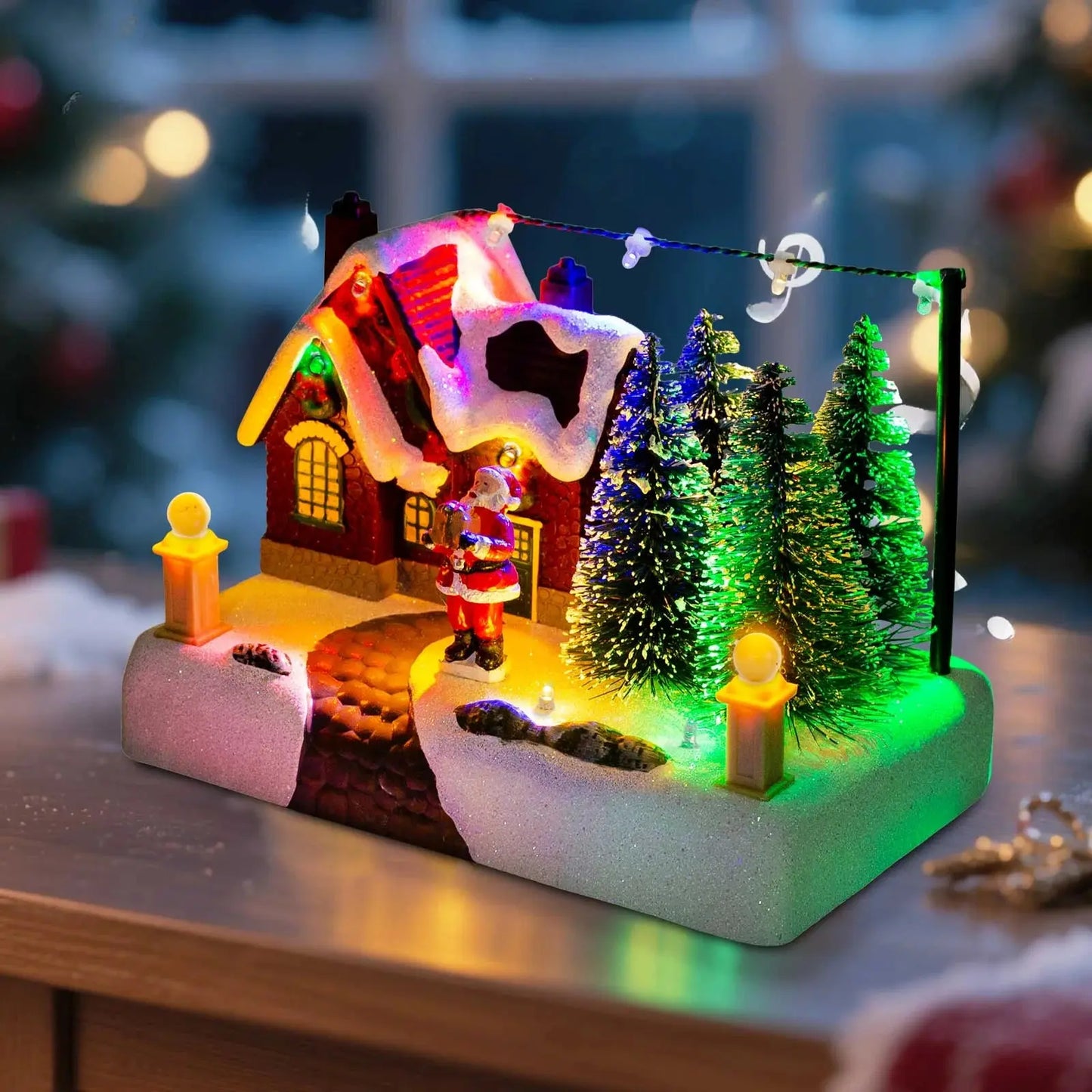 Christmas Village Scene Collectible Building with Lights Trees Santa Claus Snow Town Landscape Decor Holiday Home Desk Fireplace Good Vibrations