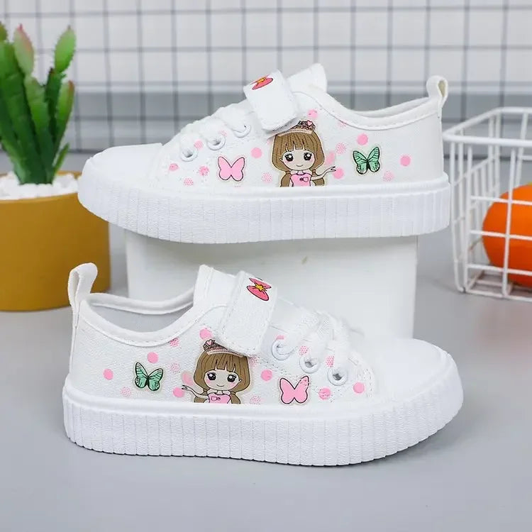 Children's Canvas Shoes Spring Autumn White Embroidery Cartoon Boys and Girls Single Shoes Pink Soft Non-slip Kids Casual Shoes Good Vibrations