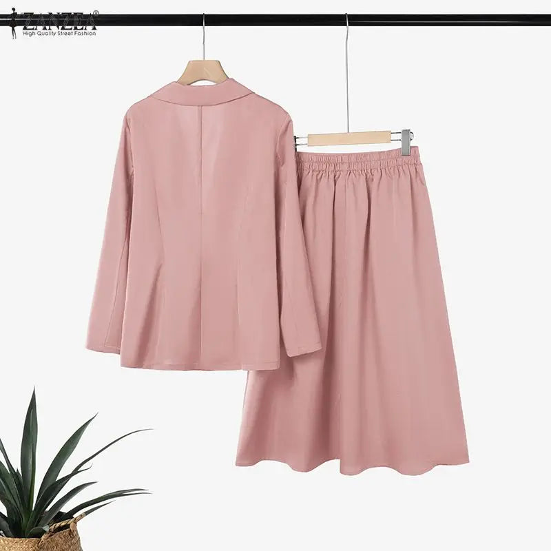 Women's Elegant Office Wear Skirt Suits Long Sleeve Blazer & A-Line Pleated Skirt 2 Pieces Sets ZANZEA Fashion Skirt Sets Outfit Good Vibrations