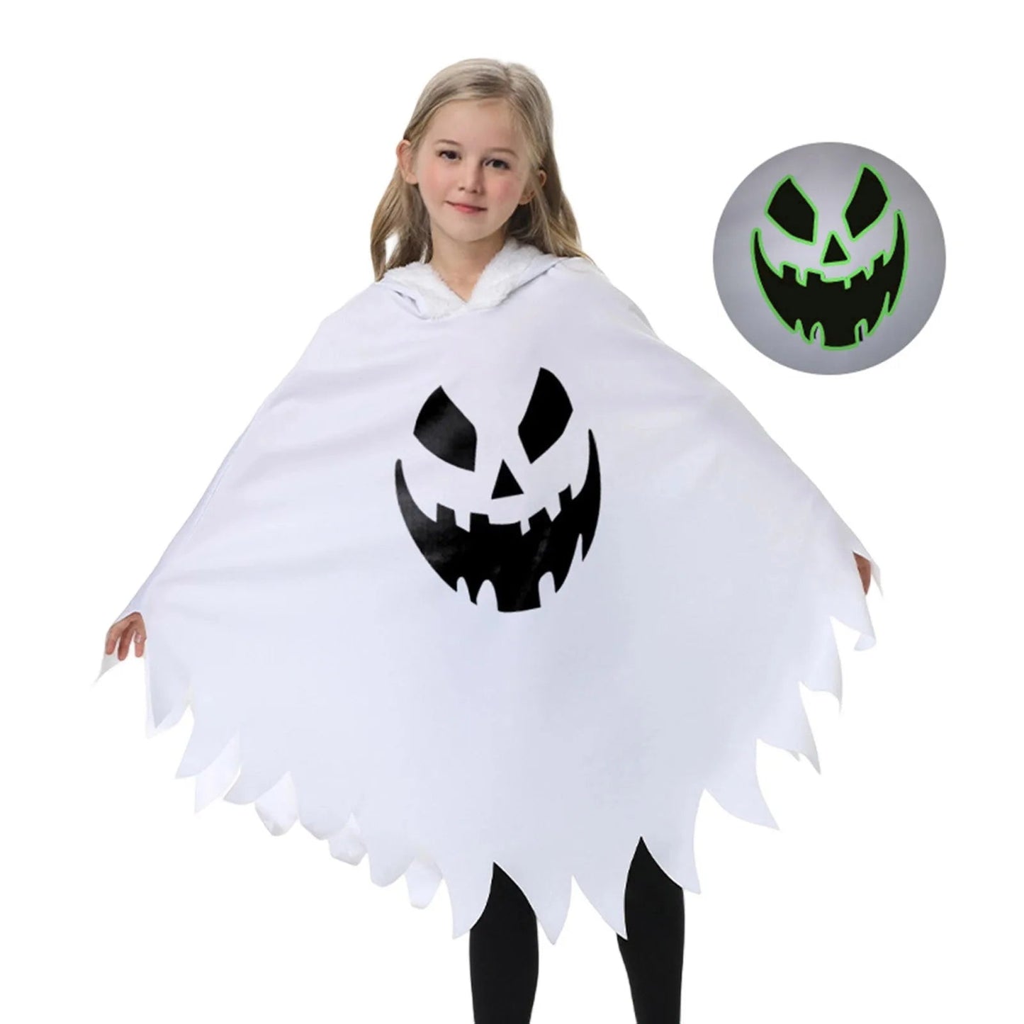 Halloween Kids Cosplay Costume White Black Luminous Ghost Luminous Face Cape Shawl Party Dress-Up Costume Boys Cape Girl Skirt Good Vibrations