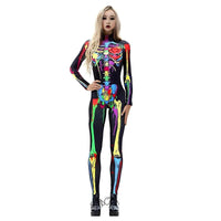 Halloween Party Theme Dress Up Costumes, Girls Long Sleeve Stretchy Fitted Full Color Skull Pattern Printed Women's Jumpsuit Good Vibrations