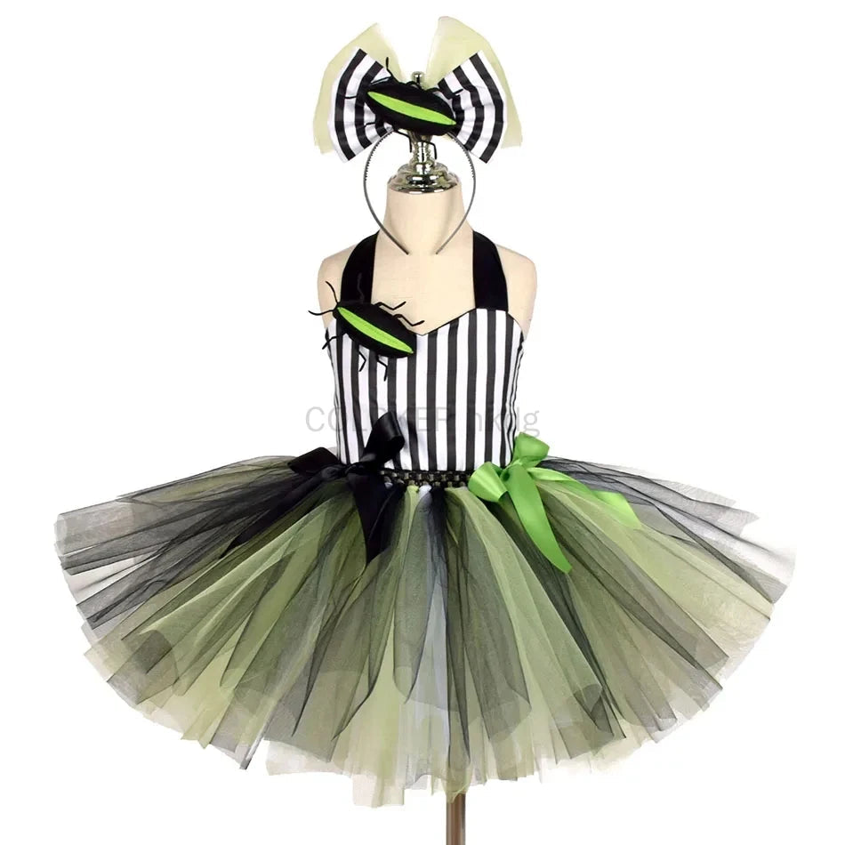 Halloween Costumes Kids Girl Black White Striped Tulle Tutu Dress and Headband 2PCS Toddler Halloween Outfit Beetle Cosplay Good Vibrations
