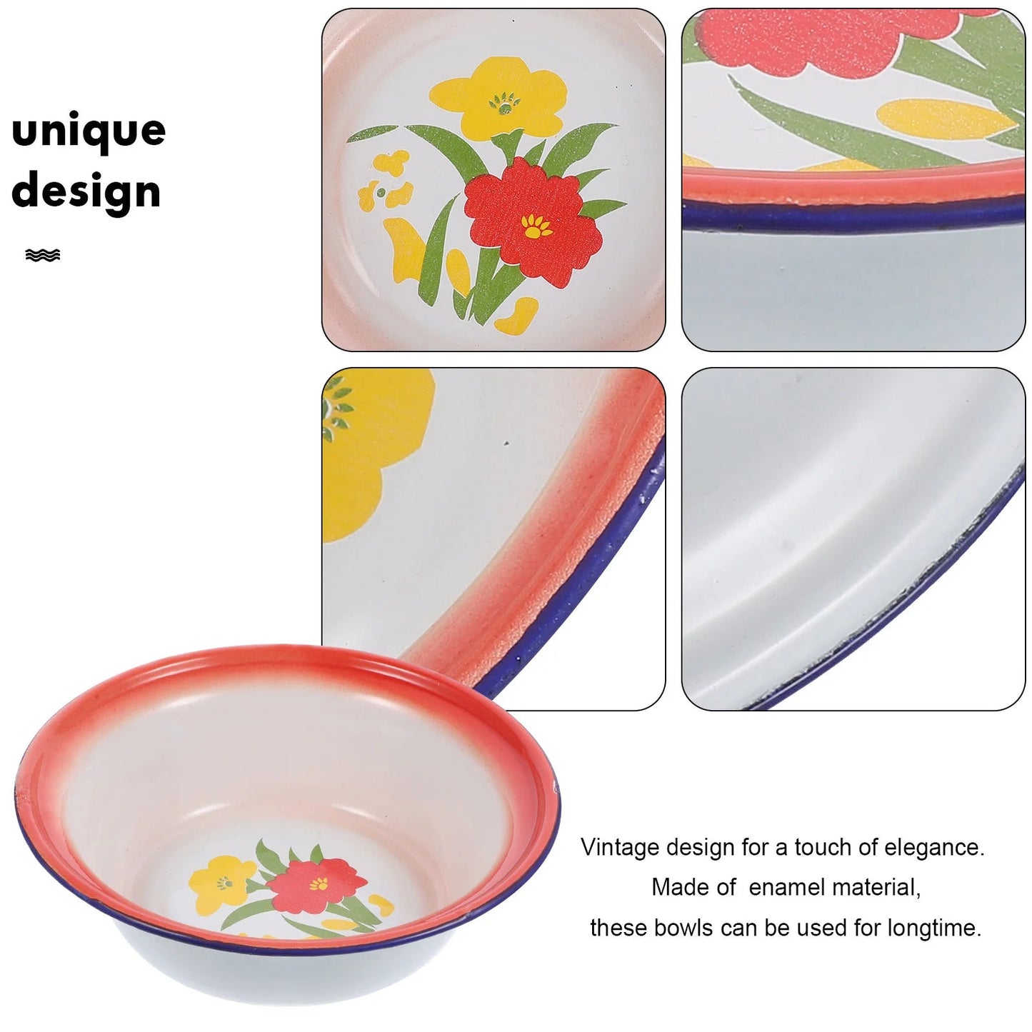 5 Pcs Red Floral Retro Enamel Disc Vintage Dinnerware Sets Enamelware Bowls Metal Plates Kitchen Storage Serving Tableware Good Vibrations