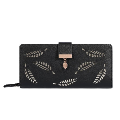 Women Wallet PU Leather Purse Female Long Wallet Gold Hollow Leaves Pouch Handbag For Women Coin Purse Card Holders Clutch Good Vibrations