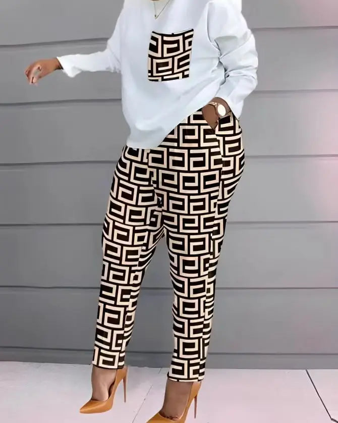 2 Piece Sets Woman Outfit,Women's Print Two Piece Set, O-neck Casual Long Sleeve T-shirt, Top And Pants, 2-piece, Spring, 2024, Good Vibrations