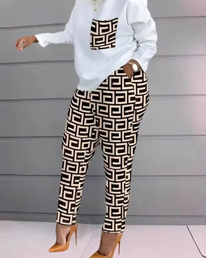 2 Piece Sets Woman Outfit,Women's Print Two Piece Set, O-neck Casual Long Sleeve T-shirt, Top And Pants, 2-piece, Spring, 2024, Good Vibrations