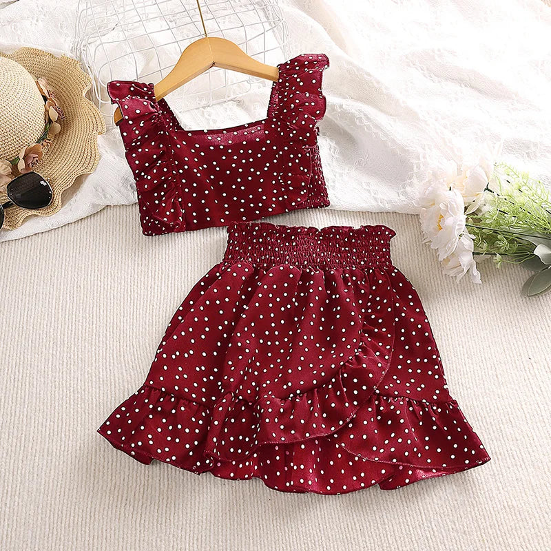 Girls' Clothing Set 5-12T Tri-Color Optional Flying Sleeve Square Collar Vest Top + Lace Skirts  Children Girls Baby Clothes Set Good Vibrations
