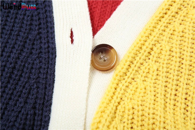 Weird Puss Y2K Cardigan Sweater Women Letter Print Casual Wild V-Neck Button Colorful Patchwork Street Trend Hipster Knit Coat Good Vibrations