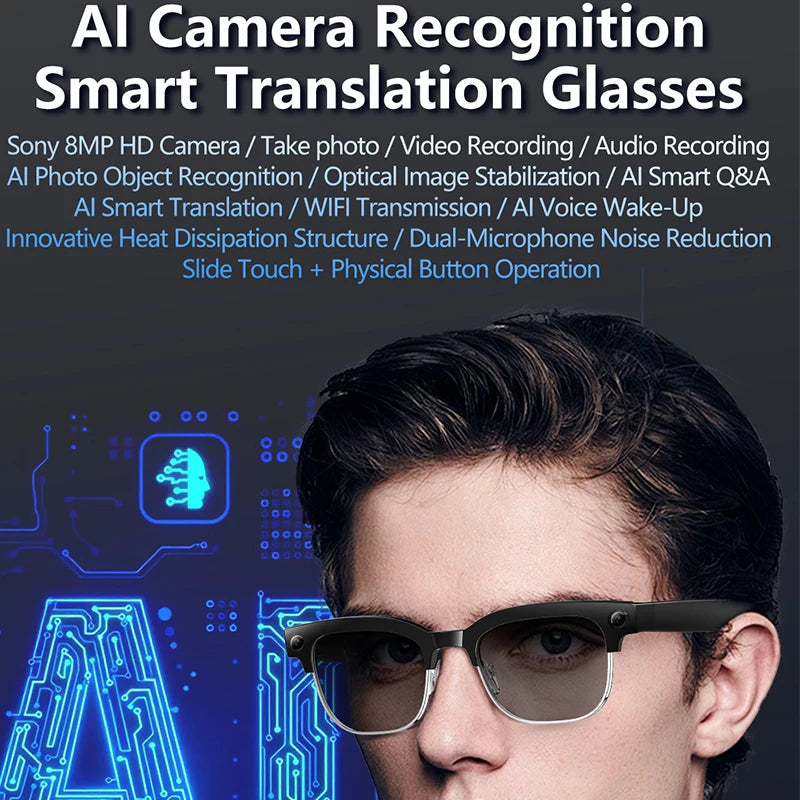 New Al Smart Glasses 8MP HD Camera 4K Video Record Voice Translation Photo Recognition WIFI Transmission BT Call Smart Glasses Good Vibrations