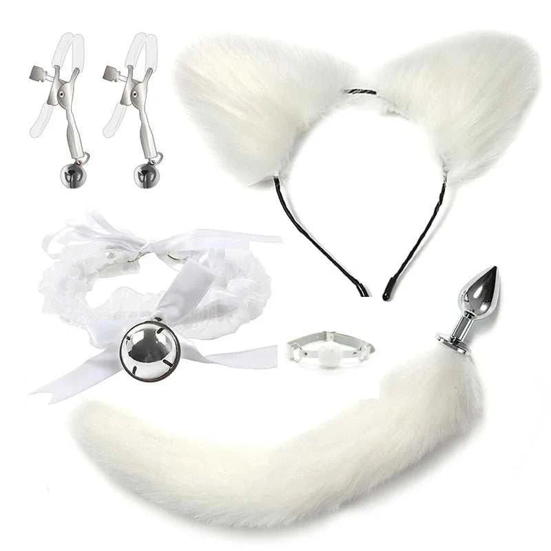 VaHppy SM BDSM Sex Toy Sets role-playing Fox 5pcs/lot Plush Anal Plug Tail Bell Collar Mouth Plugs White/Black/Pink Couple games GOOD Vibrations