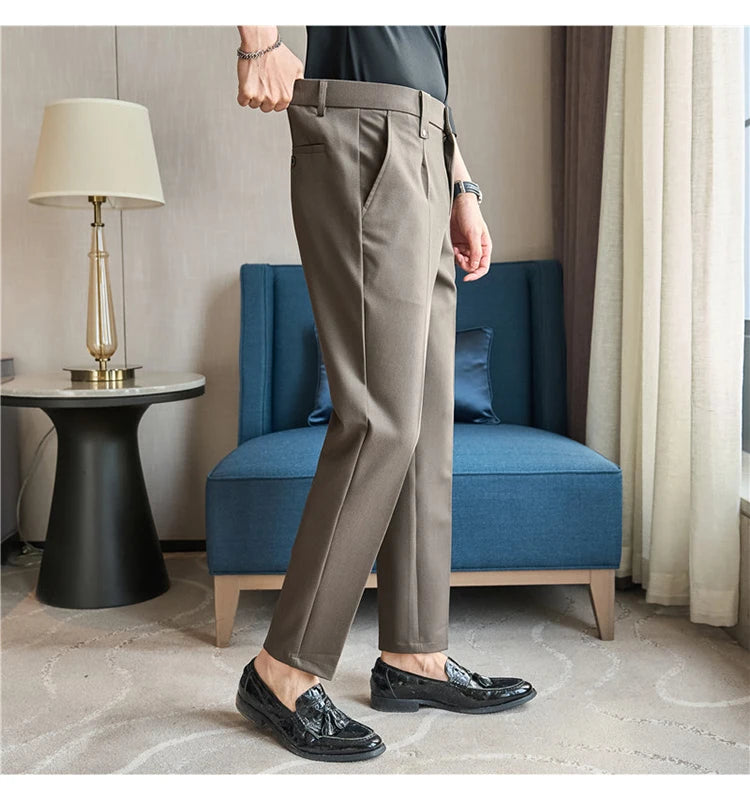 Mens Suit Pants 2025 Autumn New British Style Elastic Waist Solid Casual Formal Dress Pants Slim Fit Trousers for Men Clothing Good Vibrations
