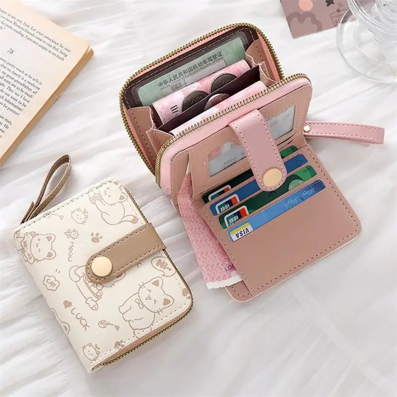 Cute Cat PU Leather Coin Purse Women Fashion Short Wallet Folding Zipper Wallet ID Card Holder Travel Lightweight Cash Coin Bags Good Vibrations