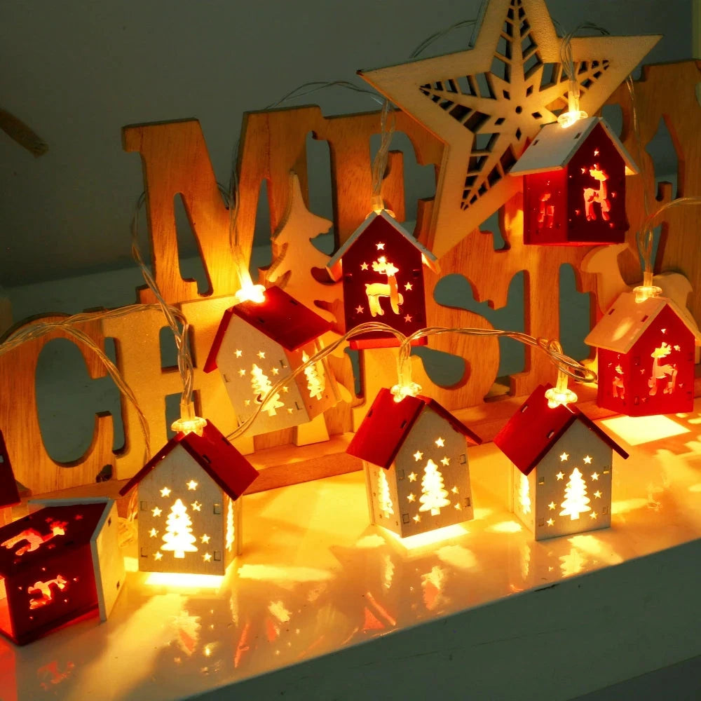 Christmas Wooden House LED String Light Xmas Tree Garland Home Fairy Lamp Merry Christmas Hanging Ornament 2025New Year Gift Noe Good Vibrations