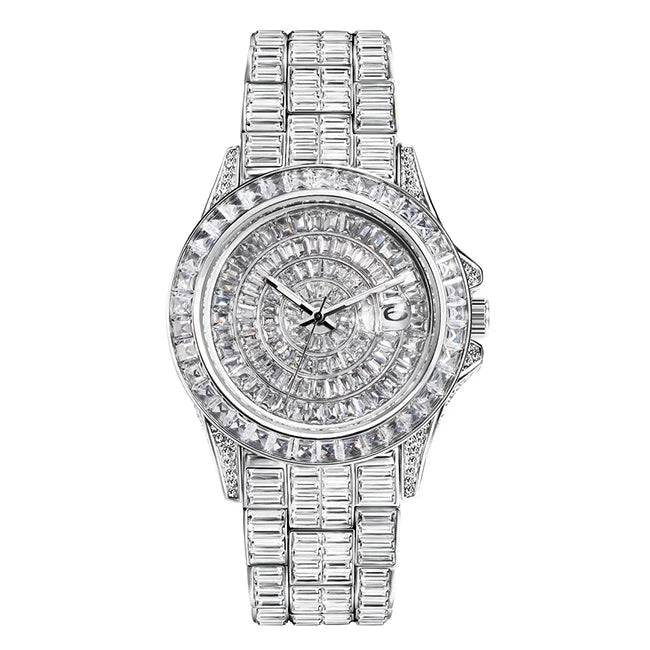 Full Iced Out Watches For Men Luxury Handmade Mosaic Diamond Silver Steel Watch Fashion Hip Hop Silver Automatic Date Male Clock Good Vibrations