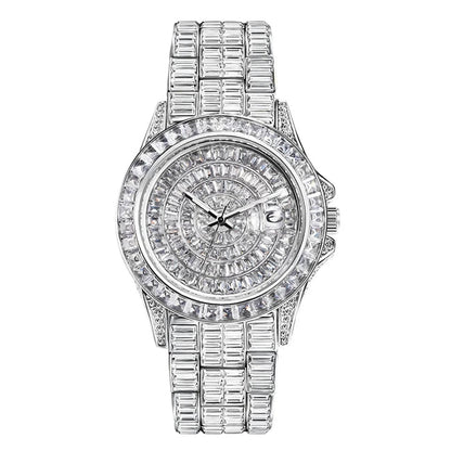 Full Iced Out Watches For Men Luxury Handmade Mosaic Diamond Silver Steel Watch Fashion Hip Hop Silver Automatic Date Male Clock Good Vibrations