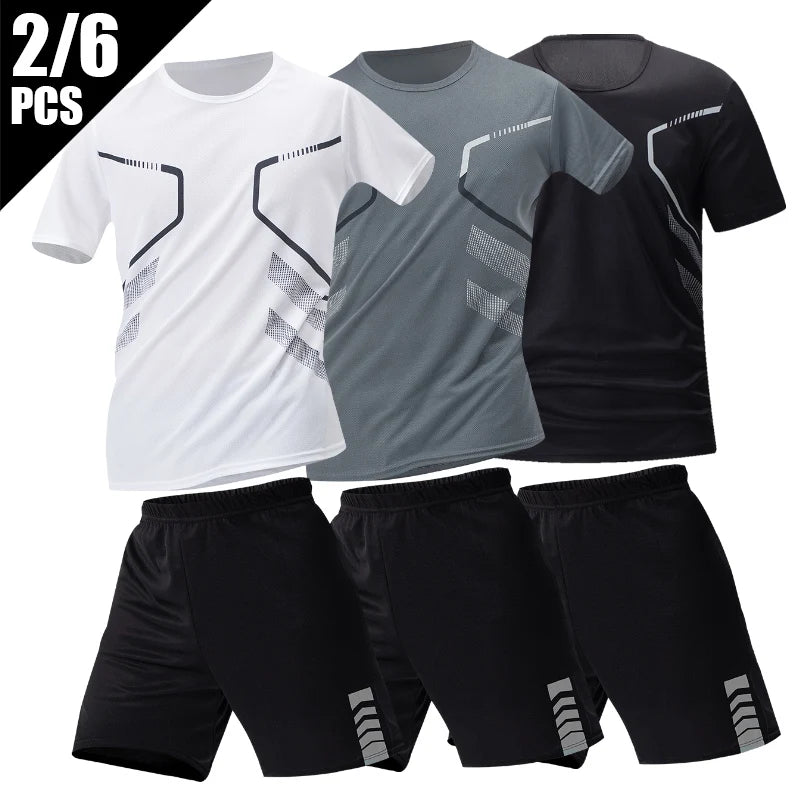 2/4/6 Pcs Plus Size Men's Quick-drying Short-sleeved Shorts Suit Men's Leisure Sports Running Fitness T-shirt Joker Shorts Teen Good Vibrations