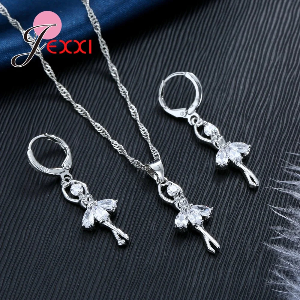 Charm 925 Sterling Silver Necklace Earrings Chain Jewelry Sets for Women Gorgeous Crystal Dacing Girls Wedding Party Accessory Good Vibrations