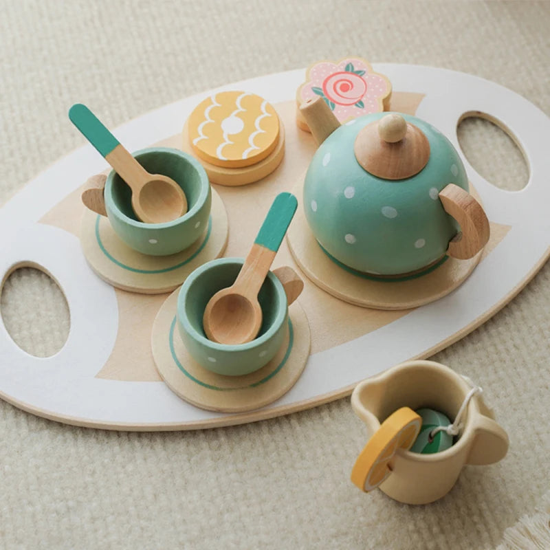 Wooden Afternoon Tea Set Toy Kitchen Accessories Tea Party Food Play Early Educational Toys for Toddlers Girls Boys Kids Gifts Good Vibrations
