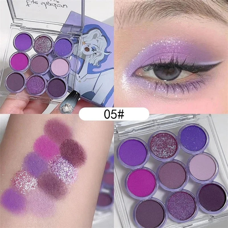 9Colors Glitter Eyeshadow Palette Smoke Purple Lace Shimmer Pearlescent Matte Acrylic Eye Shadows Palette Waterproof Eye Make Up Good Vibrations