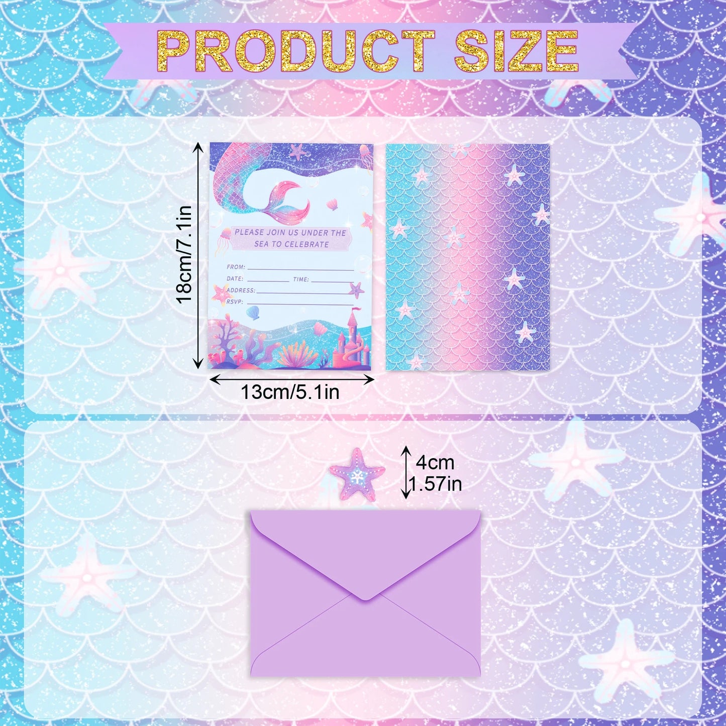12pcs Cartoon Mermaid Shell Invitation Cards Purple Envelopes Star Stickers Girls Baby Shower Birthday Party Wedding Supplies Good Vibrations