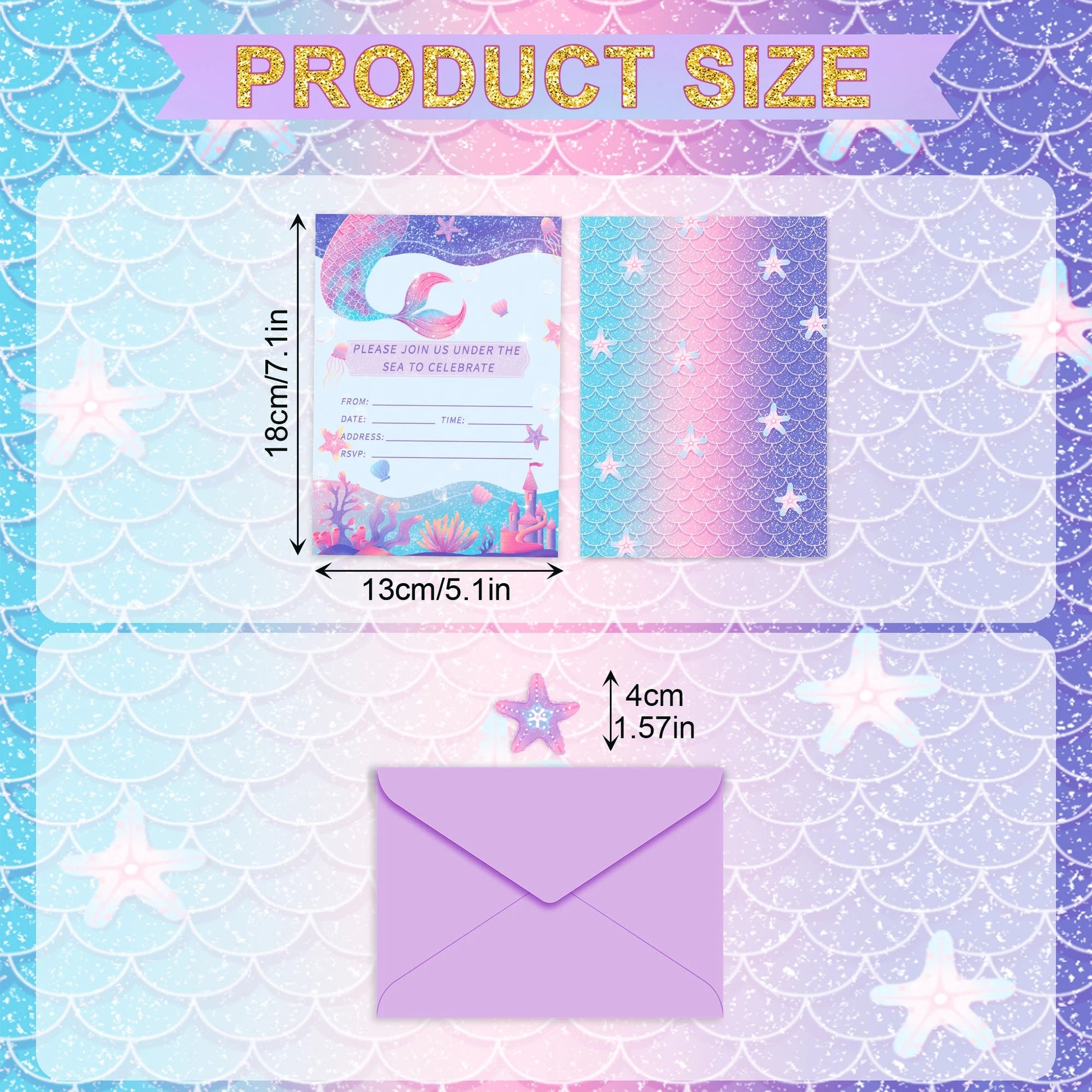 12pcs Cartoon Mermaid Shell Invitation Cards Purple Envelopes Star Stickers Girls Baby Shower Birthday Party Wedding Supplies Good Vibrations