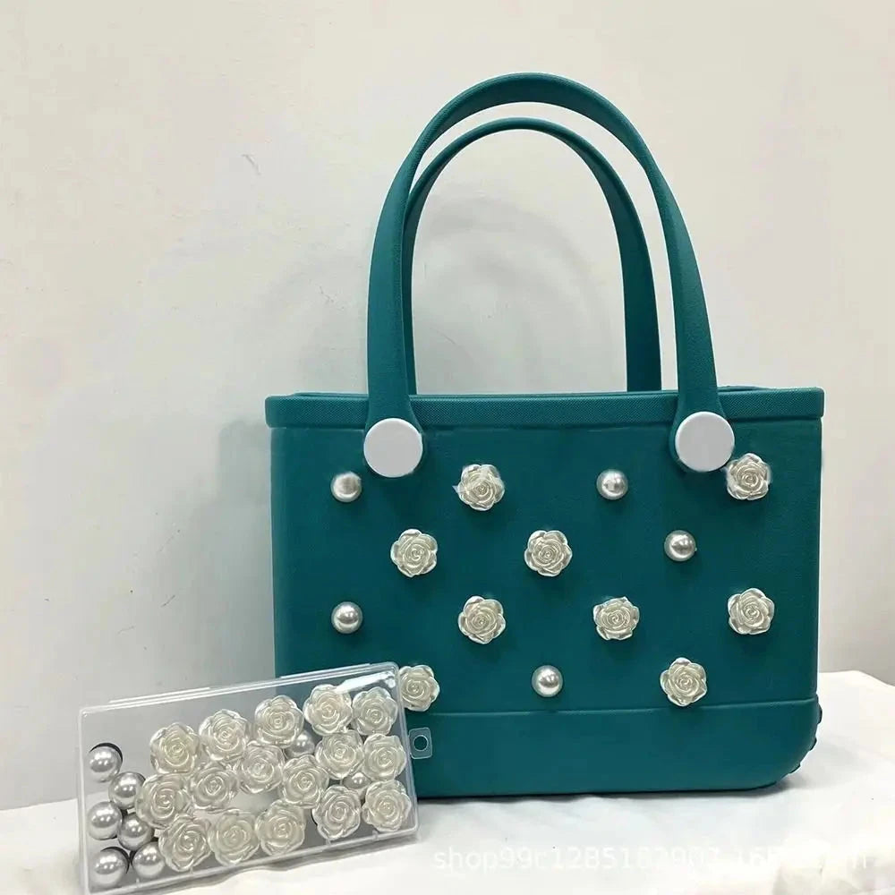 24Pcs Flowers and Pearls Charms for Bogg Bag Compatible with Women Rubber Beach Bag Tote Handbag Decoration Good Vibrations
