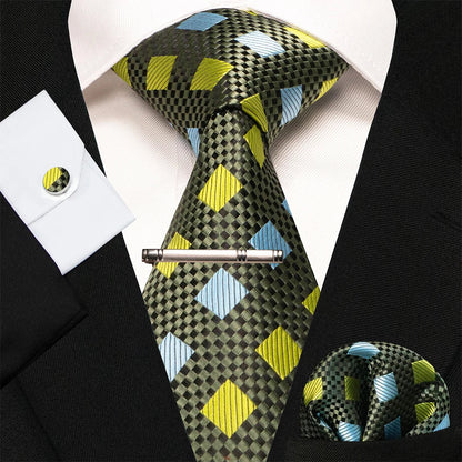 8cm Silk Mens Ties Green Black Ties plaid stripe NeckTie Pocket Square Cufflinks Tie clips Set Men's Wedding business Party Tie Good Vibrations