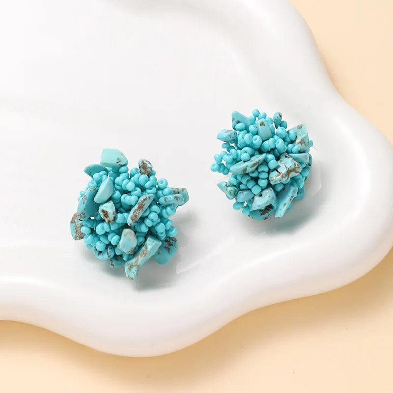 Creative Design Colorful Turquoise Clip on Earrings Non Pierced for Women Fashion Round Handmade Bohemia Party Jewelry Gift Good Vibrations
