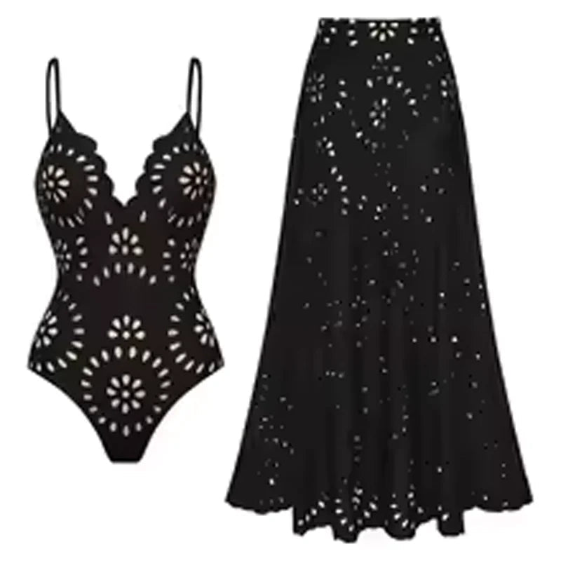 Sexy Women's Lace Hollow Breathable Swimsuit Set Solid Color Backless 2 Piece Beach Beachwear Swimwear Women Beach Swimsuit Good Vibrations