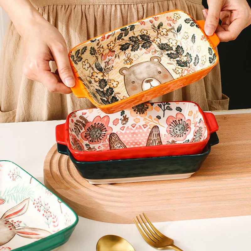 Ceramic Bakeware With Handle Forest Animals Baking Pan  Underglaze  Kitchen Tableware Salad Bowl Au Gratin Dishes Good Vibrations