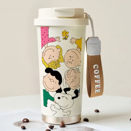 Cartoon Cute Snoopy Anime Peripheral Thermos Cup Women's Heart Stainless Steel Large Capacity Coffee Cup Straw Water Cup Gift Good Vibrations