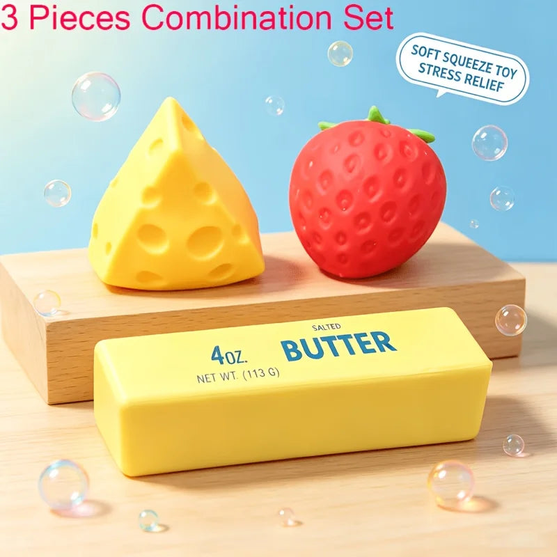3Pcs Party Fidget Squishy Toy Set, Strawberry Cheese & Butter Squishies, Realistic Soft Sensory Squeeze Toys, Birthday Gifts & C Good Vibrations