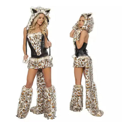Halloween Costume Woman Sexy Animals Bunny White Leopard Fox Roleplay Outfit Hooded Dress with Tail Carnival Cosplay Party Good Vibrations
