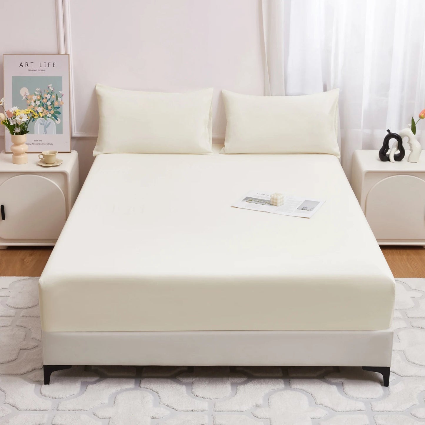 Waterproof Fitted Bed Sheet Comfortable Mattress Protector with Elastic Rubber Band Washable and Easy Care Good Vibrations
