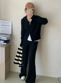 Women Casual Knitted Pants Home Suit Autumn Fashion Zip Up Sweater Hoodie Wide Leg Trousers 2 Piece Set Tracksuit Winter Outfits Good Vibrations