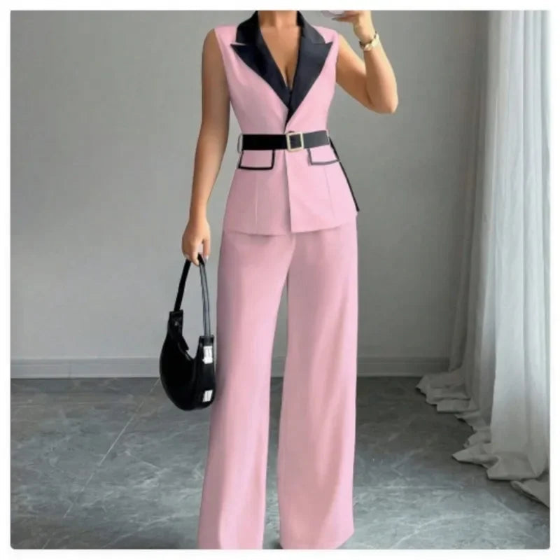 Women's Office Lady Ensemble Outfit Autumn Sleeveless Straight Leg Pants Set Classy Bandeau Elegant Style Top And Vest 2 Set Good Vibrations