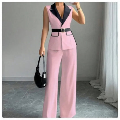 Women's Office Lady Ensemble Outfit Autumn Sleeveless Straight Leg Pants Set Classy Bandeau Elegant Style Top And Vest 2 Set Good Vibrations