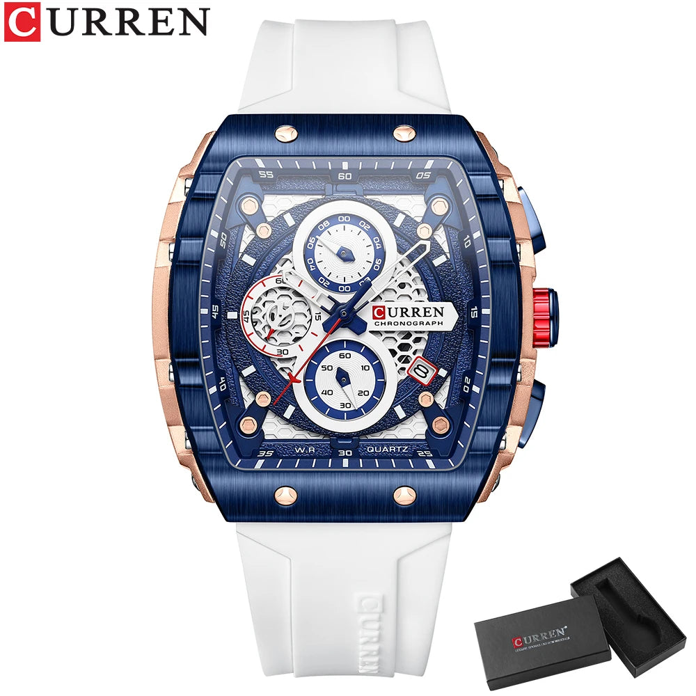 CURREN Sports Unique Rectangular Watches with Large Dial Casual Quartz Silicone Bands Wristwatches with Auto Date Good Vibrations