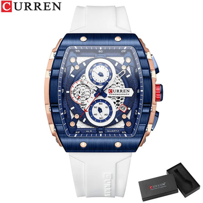 CURREN Sports Unique Rectangular Watches with Large Dial Casual Quartz Silicone Bands Wristwatches with Auto Date Good Vibrations