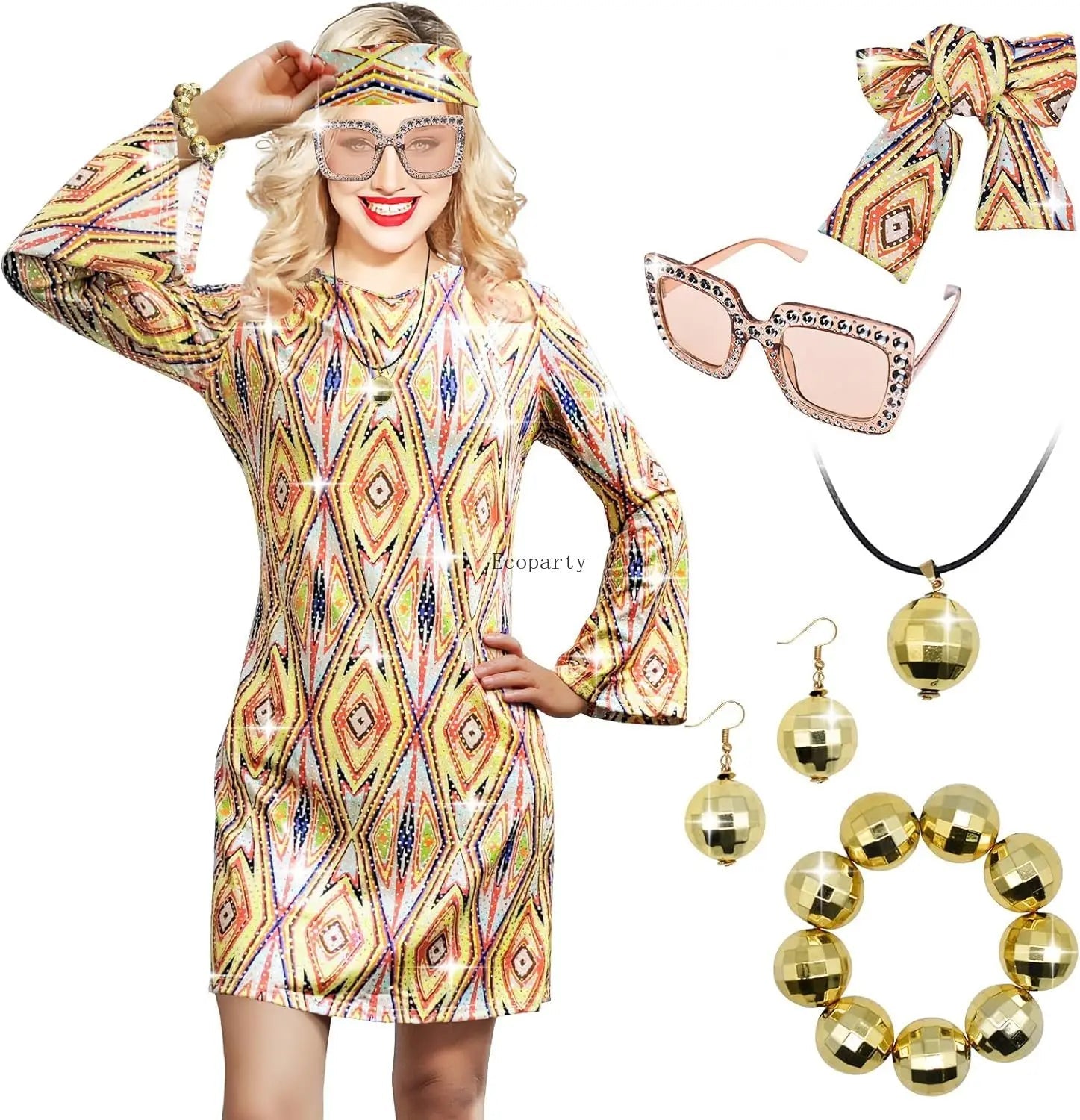 Disfraz 70s Women Disco Dress Hippie Costumes Necklace Earrings Glasses, 60's 70's Birthday Outfits, 1970s Prom Bling Dress Good Vibrations