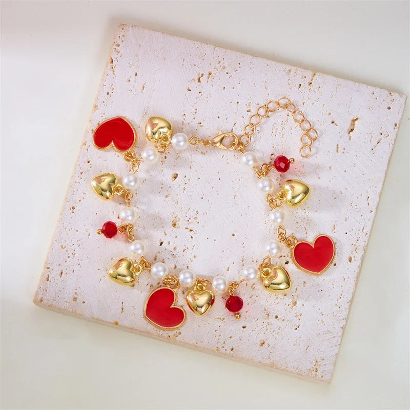 Charm Red Strawberry Bracelet For Women Cute Cherry Heart Shape Fruit Pearl Metal Chain Wristband Girls Party Friendship Jewelry Good Vibrations