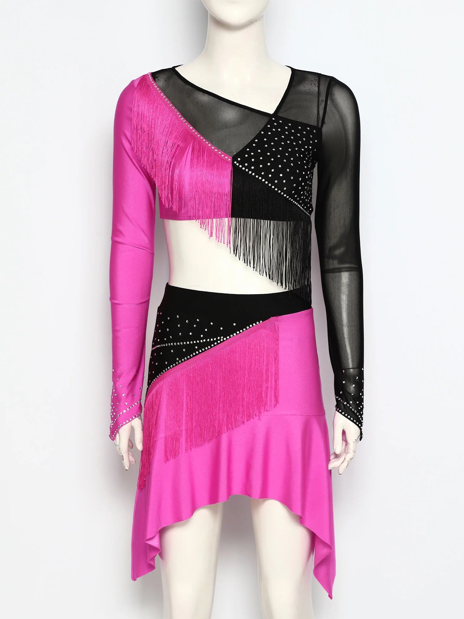 Women Lyrical Dance Outfit Set Modern Contemporary Dancewear Tassel Long Sleeve Mesh Crop Top with Skirted Leotard Ballet Outfit Good Vibrations