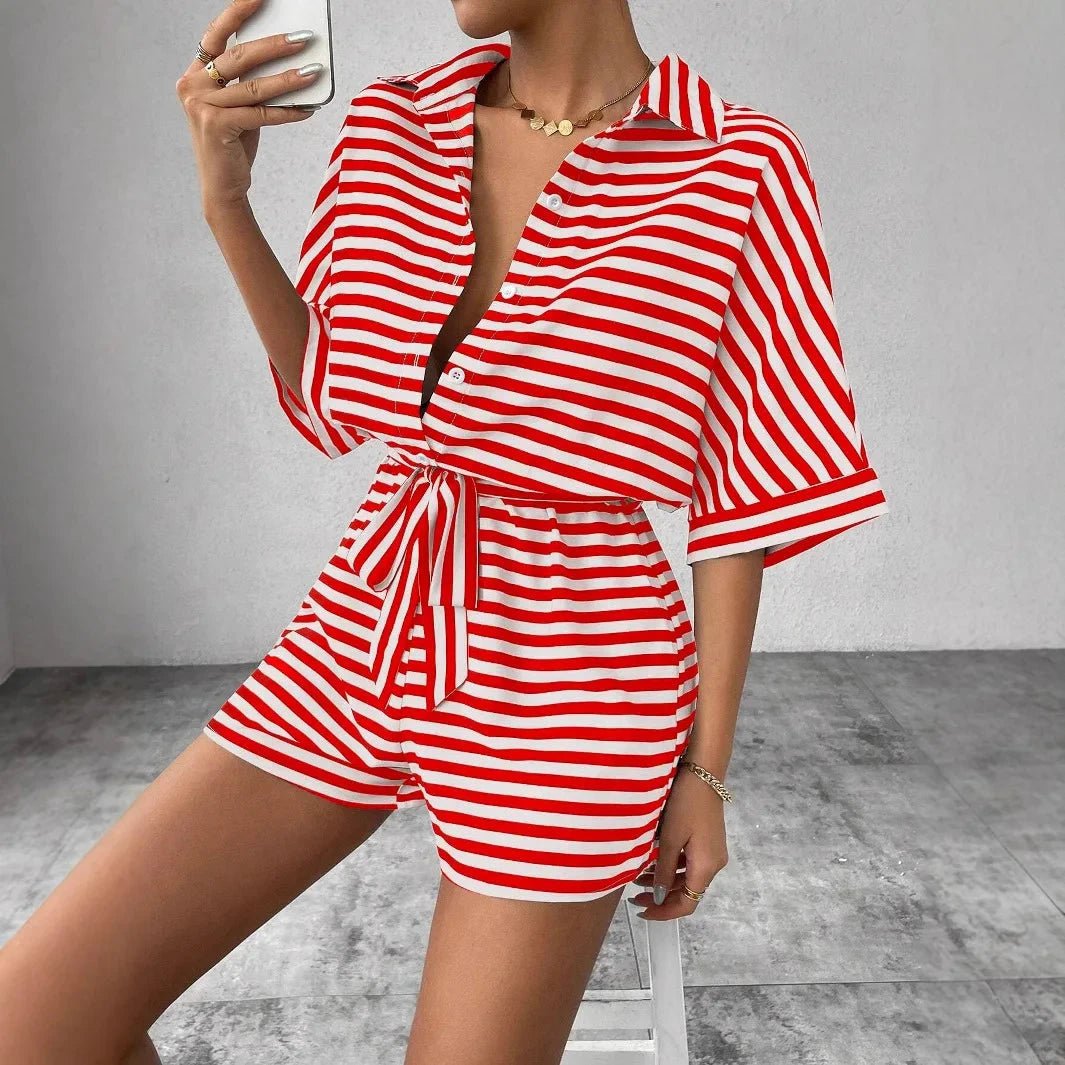 Summer New Set For Women's Casual Loose Comfortable Outfit Fashion Striped Batwing Sleeve Shirt Top+ Shorts 2-piece Sets Woman Good Vibrations